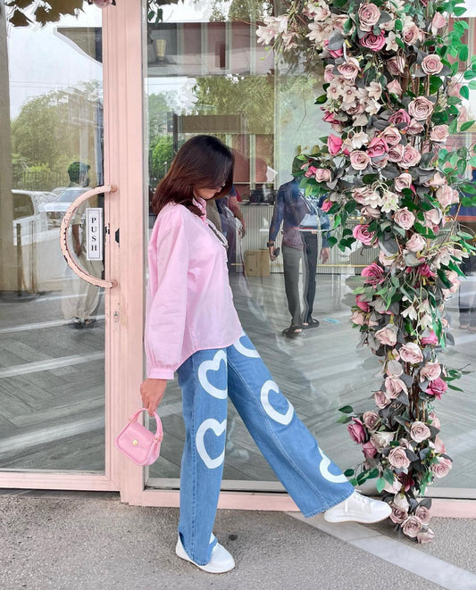 Blue wide leg printed Jeans heart