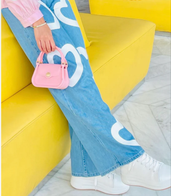 Blue wide leg printed Jeans heart
