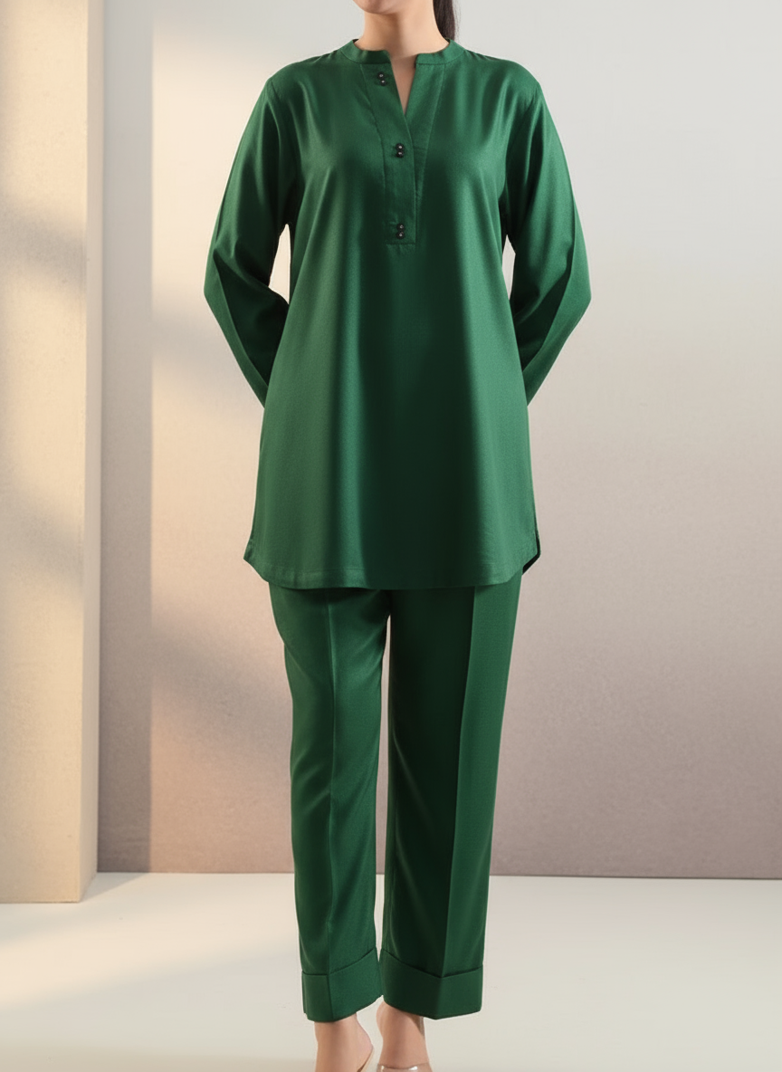 Solid 2 piece stitched shirt and trouser